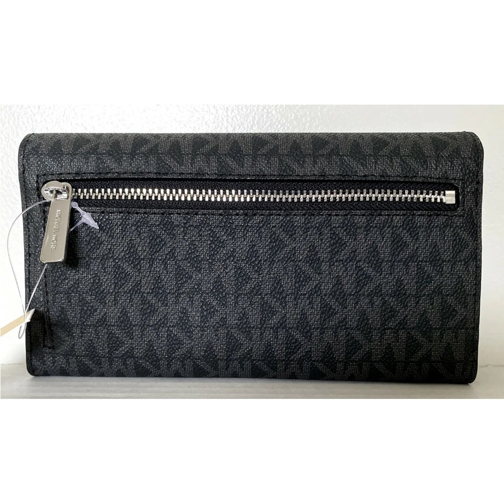 New Michael Kors Jet Set Travel Large Trifold wallet PVC Black with Silver - Picture 3 of 4